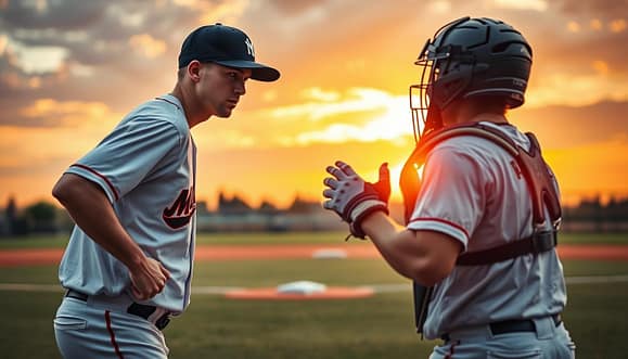 A dynamic baseball training scene capturing a pitcher and catcher in a live setting. In the foreground, the pitcher, a young athlete in a professional baseball uniform, focuses intently on the catcher, who is signaling strategically with hand gestures. The catcher, dressed in a fitted catcher's gear and helmet, is crouched low, projecting confidence and authority. In the middle ground, a baseball diamond is vividly illustrated, with bases positioned, highlighting the urgent atmosphere of a "pickoff" moment. The background features a vibrant sunset casting warm, golden light over the field, enhancing the energy of the scene. The image should convey teamwork and communication, reflecting a pivotal training moment. The shot is taken from a slightly elevated angle, emphasizing the connection between the two players. A dynamic baseball training scene capturing a pitcher and catcher in a live setting. In the foreground, the pitcher, a young athlete in a professional baseball uniform, focuses intently on the catcher, who is signaling strategically with hand gestures. The catcher, dressed in a fitted catcher's gear and helmet, is crouched low, projecting confidence and authority. In the middle ground, a baseball diamond is vividly illustrated, with bases positioned, highlighting the urgent atmosphere of a "pickoff" moment. The background features a vibrant sunset casting warm, golden light over the field, enhancing the energy of the scene. The image should convey teamwork and communication, reflecting a pivotal training moment. The shot is taken from a slightly elevated angle, emphasizing the connection between the two players.