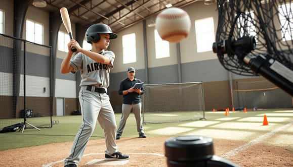 A dynamic baseball training setup focusing on timing development and machine work. In the foreground, a young athlete, dressed in modest athletic gear, stands poised in a batting stance, bat raised, ready to swing. Beside them, a state-of-the-art pitching machine releases a baseball capturing the moment just before impact. In the middle ground, a coach observes closely with a clipboard, analyzing the player's technique, while training equipment such as cones and markers are scattered around. In the background, a well-organized training facility with bright, natural lighting streams through high windows, creating an energetic and focused atmosphere. The angle is slightly low, emphasizing the player's determination and the action in motion, showcasing the essence of speed and precision in training. A dynamic baseball training setup focusing on timing development and machine work. In the foreground, a young athlete, dressed in modest athletic gear, stands poised in a batting stance, bat raised, ready to swing. Beside them, a state-of-the-art pitching machine releases a baseball capturing the moment just before impact. In the middle ground, a coach observes closely with a clipboard, analyzing the player's technique, while training equipment such as cones and markers are scattered around. In the background, a well-organized training facility with bright, natural lighting streams through high windows, creating an energetic and focused atmosphere. The angle is slightly low, emphasizing the player's determination and the action in motion, showcasing the essence of speed and precision in training.