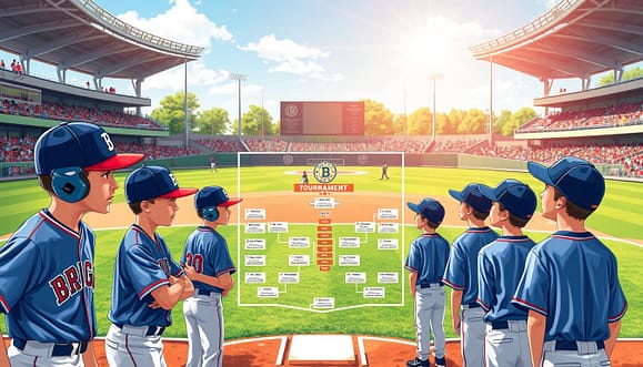 A dynamic illustration showcasing the structure of Brigade baseball age groups and competitive team rosters. In the foreground, depict young athletes of varying ages (8-16) in professional baseball uniforms, engaged in practice drills, showcasing teamwork and determination. In the middle ground, include a detailed tournament map with markers indicating different competition levels, illustrating a pathway for teams. In the background, a vibrant baseball field under bright, natural lighting, with spectators and coaches observing the action, creating a spirited atmosphere. The composition should use a wide-angle lens to capture both the players and the expansive field, evoking a sense of community and growth in youth sports. A dynamic illustration showcasing the structure of Brigade baseball age groups and competitive team rosters. In the foreground, depict young athletes of varying ages (8-16) in professional baseball uniforms, engaged in practice drills, showcasing teamwork and determination. In the middle ground, include a detailed tournament map with markers indicating different competition levels, illustrating a pathway for teams. In the background, a vibrant baseball field under bright, natural lighting, with spectators and coaches observing the action, creating a spirited atmosphere. The composition should use a wide-angle lens to capture both the players and the expansive field, evoking a sense of community and growth in youth sports.