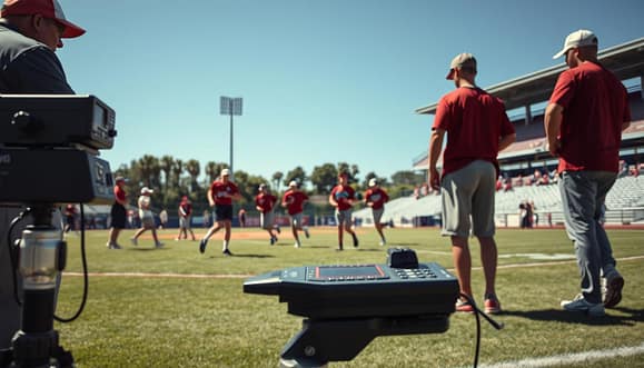 A dynamic scene capturing a Texas baseball tryout, showcasing cutting-edge velocity measurement equipment prominently in the foreground. The focus is on a radar gun and other devices set up on a sunny field, with coaches observing closely. In the middle ground, young athletes are engaged in sprinting drills, some running the 60-yard or 30-yard sprints while others demonstrate throwing velocities or performing pop time evaluations with catchers. The background features a well-maintained baseball diamond under a clear blue sky typical of a Texas afternoon, with green grass and bleachers filled with interested spectators. Soft, natural lighting enhances the lively atmosphere, creating a sense of excitement and professionalism. Use a wide-angle lens to capture the full scope of the tryout environment. A dynamic scene capturing a Texas baseball tryout, showcasing cutting-edge velocity measurement equipment prominently in the foreground. The focus is on a radar gun and other devices set up on a sunny field, with coaches observing closely. In the middle ground, young athletes are engaged in sprinting drills, some running the 60-yard or 30-yard sprints while others demonstrate throwing velocities or performing pop time evaluations with catchers. The background features a well-maintained baseball diamond under a clear blue sky typical of a Texas afternoon, with green grass and bleachers filled with interested spectators. Soft, natural lighting enhances the lively atmosphere, creating a sense of excitement and professionalism. Use a wide-angle lens to capture the full scope of the tryout environment.
