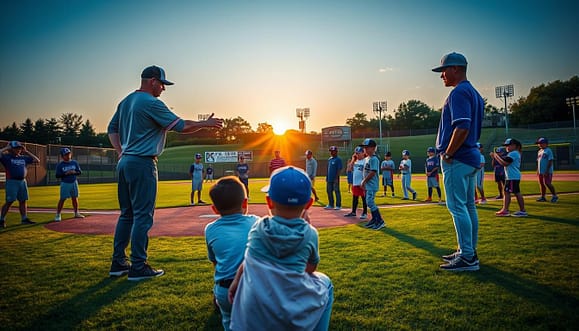 A dynamic scene of Rangers Youth Academy professional baseball coaches mentoring young athletes on a well-maintained baseball field. In the foreground, two coaches, dressed in professional athletic gear, are demonstrating pitching techniques to a diverse group of enthusiastic young players, some practicing their swings while others focus on ball-catching drills. The middle ground features a well-manicured diamond and training equipment, with several kids wearing caps showcasing their team's logo. In the background, the sun sets, illuminating the scene with warm, golden light, casting soft shadows on the grass. The atmosphere is energetic and focused, capturing the essence of mentorship and skill development. Use a low angle to emphasize the coaches' guidance and the kids' engagement, creating a sense of inspiration and growth. A dynamic scene of Rangers Youth Academy professional baseball coaches mentoring young athletes on a well-maintained baseball field. In the foreground, two coaches, dressed in professional athletic gear, are demonstrating pitching techniques to a diverse group of enthusiastic young players, some practicing their swings while others focus on ball-catching drills. The middle ground features a well-manicured diamond and training equipment, with several kids wearing caps showcasing their team's logo. In the background, the sun sets, illuminating the scene with warm, golden light, casting soft shadows on the grass. The atmosphere is energetic and focused, capturing the essence of mentorship and skill development. Use a low angle to emphasize the coaches' guidance and the kids' engagement, creating a sense of inspiration and growth.