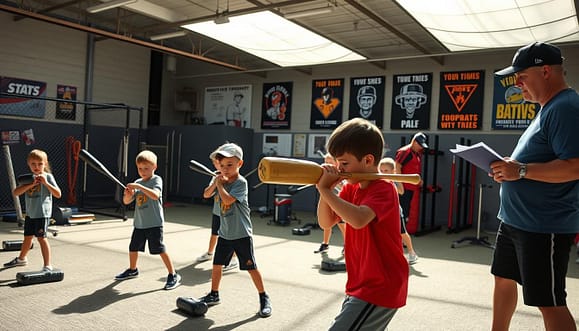 A dynamic training scene depicting young athletes aged 9-14 engaged in bat speed development exercises. In the foreground, a group of children in modest athletic wear, focused and determined, perform med ball scoop slams, showcasing their technique and intent. The middle ground features a modern training facility equipped with various training aids, including weighted bats and speed training equipment. Bright overhead lighting casts sharp shadows, emphasizing the athletes’ movements. In the background, motivational sports posters adorn the walls, and a coachobserves, clipboard in hand, providing feedback. The atmosphere feels energetic and focused, capturing the essence of concentrated training for baseball bat speed overload and underload techniques. A dynamic training scene depicting young athletes aged 9-14 engaged in bat speed development exercises. In the foreground, a group of children in modest athletic wear, focused and determined, perform med ball scoop slams, showcasing their technique and intent. The middle ground features a modern training facility equipped with various training aids, including weighted bats and speed training equipment. Bright overhead lighting casts sharp shadows, emphasizing the athletes’ movements. In the background, motivational sports posters adorn the walls, and a coachobserves, clipboard in hand, providing feedback. The atmosphere feels energetic and focused, capturing the essence of concentrated training for baseball bat speed overload and underload techniques.