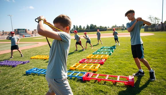 A dynamic youth baseball training scene focused on arm care mobility exercises. In the foreground, a young athlete in a fitted athletic shirt and shorts performs a mobility drill with a resistance band, engaging his shoulders and arms. The middle ground features a series of colorful progression ladders laid out on a grassy field, with additional young players actively participating in similar exercises. In the background, a baseball diamond is visible under bright natural sunlight, casting soft shadows and creating an inviting atmosphere. The image captures a sense of energy and focus, emphasizing the importance of arm care and stability training in youth baseball. The shot is taken from a low angle to highlight the movement and create an engaging perspective. A dynamic youth baseball training scene focused on arm care mobility exercises. In the foreground, a young athlete in a fitted athletic shirt and shorts performs a mobility drill with a resistance band, engaging his shoulders and arms. The middle ground features a series of colorful progression ladders laid out on a grassy field, with additional young players actively participating in similar exercises. In the background, a baseball diamond is visible under bright natural sunlight, casting soft shadows and creating an inviting atmosphere. The image captures a sense of energy and focus, emphasizing the importance of arm care and stability training in youth baseball. The shot is taken from a low angle to highlight the movement and create an engaging perspective.