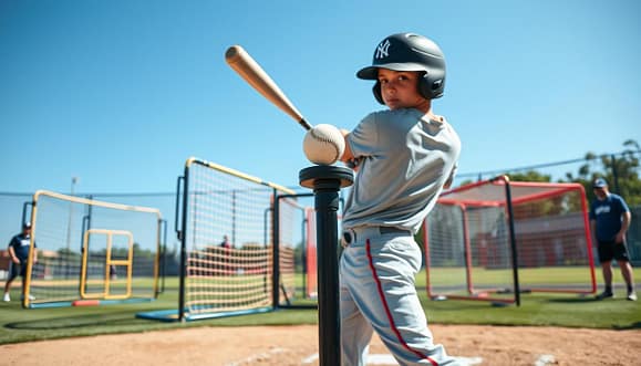 A focused training session on baseball hitting drills, showcasing a youth player in action, demonstrating barrel control and contact quality. In the foreground, the player, wearing a modest athletic uniform and a helmet, is positioned ready to swing at a ball on a tee. The middle ground features a variety of hitting grids and adjustable drills, with bright, vibrant colors illustrating the different stations. In the background, a sunny outdoor baseball field with clear blue sky and faint outlines of coaches observing, contributing to a motivating atmosphere. The composition should emphasize a dynamic action shot taken from a low angle to convey energy and concentration, with soft, natural lighting enhancing the scene. A focused training session on baseball hitting drills, showcasing a youth player in action, demonstrating barrel control and contact quality. In the foreground, the player, wearing a modest athletic uniform and a helmet, is positioned ready to swing at a ball on a tee. The middle ground features a variety of hitting grids and adjustable drills, with bright, vibrant colors illustrating the different stations. In the background, a sunny outdoor baseball field with clear blue sky and faint outlines of coaches observing, contributing to a motivating atmosphere. The composition should emphasize a dynamic action shot taken from a low angle to convey energy and concentration, with soft, natural lighting enhancing the scene.