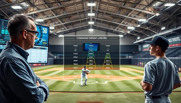 A high-tech command development targeting system for baseball pitchers, showcasing a sophisticated digital interface with multiple screens displaying real-time data and analytics. In the foreground, a focused pitching coach, dressed in smart casual attire, analyzes the data, while a young pitcher stands beside him, practicing various pitching forms. The middle ground features a dynamic visual representation of command target ladders, color-coded and clearly labeled to illustrate differential command approaches. In the background, a modern baseball training facility with high ceilings and bright overhead lights creates an energetic atmosphere, emphasizing innovation in training. The lighting is bright and focused, highlighting the digital elements, while the overall mood is one of concentration, professionalism, and commitment to pitching development. A high-tech command development targeting system for baseball pitchers, showcasing a sophisticated digital interface with multiple screens displaying real-time data and analytics. In the foreground, a focused pitching coach, dressed in smart casual attire, analyzes the data, while a young pitcher stands beside him, practicing various pitching forms. The middle ground features a dynamic visual representation of command target ladders, color-coded and clearly labeled to illustrate differential command approaches. In the background, a modern baseball training facility with high ceilings and bright overhead lights creates an energetic atmosphere, emphasizing innovation in training. The lighting is bright and focused, highlighting the digital elements, while the overall mood is one of concentration, professionalism, and commitment to pitching development.
