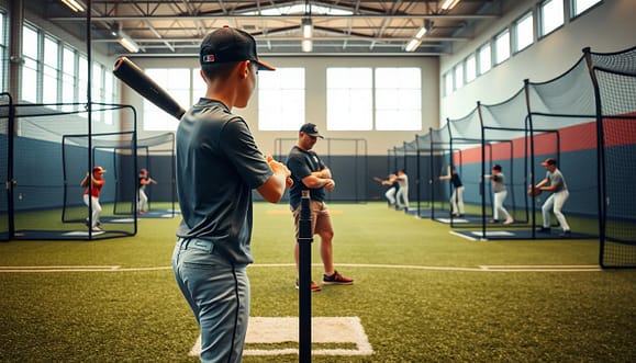 A modern batting cage training facility designed for youth baseball development. In the foreground, a young player in a fitted baseball shirt and cap stands at a tee, focused on perfecting their swing, with a coach providing guidance beside them. In the middle ground, several batting cages feature automated pitching machines, while other players practice their swings under proper supervision. The background shows a spacious, well-lit facility with artificial turf, high ceilings, and large windows allowing natural light to pour in, creating an energetic and motivating atmosphere. The image captures a dynamic training environment, emphasizing hitting mechanics development. Use warm tones for lighting and a dynamic angle to convey action and motion, ensuring the focus remains on the training process. A modern batting cage training facility designed for youth baseball development. In the foreground, a young player in a fitted baseball shirt and cap stands at a tee, focused on perfecting their swing, with a coach providing guidance beside them. In the middle ground, several batting cages feature automated pitching machines, while other players practice their swings under proper supervision. The background shows a spacious, well-lit facility with artificial turf, high ceilings, and large windows allowing natural light to pour in, creating an energetic and motivating atmosphere. The image captures a dynamic training environment, emphasizing hitting mechanics development. Use warm tones for lighting and a dynamic angle to convey action and motion, ensuring the focus remains on the training process.