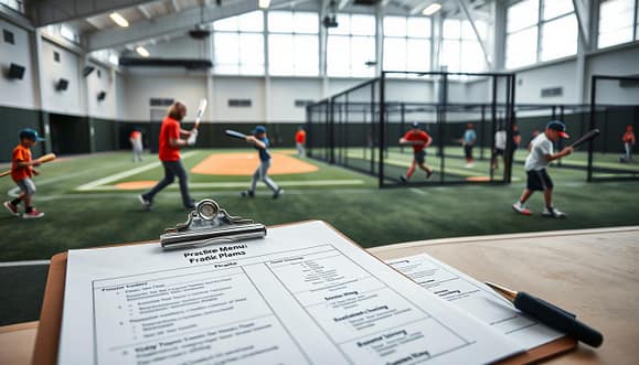A modern indoor baseball training facility filled with youth athletes practicing. In the foreground, a detailed overhead view of practice menus and templates for hitting, defense, and baserunning laid out on a clipboard, showcasing a structured 60-90-120-minute training plan. In the middle ground, young players are engaged in various drills, wearing modest athletic gear, some practicing batting with a coach providing guidance, while others are focused on defensive positioning and baserunning techniques. The background features a bright, spacious indoor arena with artificial turf and batting cages, illuminated by soft, even lighting to create a motivating atmosphere. Capture a dynamic, energetic mood, emphasizing teamwork and skill development in youth baseball training. A modern indoor baseball training facility filled with youth athletes practicing. In the foreground, a detailed overhead view of practice menus and templates for hitting, defense, and baserunning laid out on a clipboard, showcasing a structured 60-90-120-minute training plan. In the middle ground, young players are engaged in various drills, wearing modest athletic gear, some practicing batting with a coach providing guidance, while others are focused on defensive positioning and baserunning techniques. The background features a bright, spacious indoor arena with artificial turf and batting cages, illuminated by soft, even lighting to create a motivating atmosphere. Capture a dynamic, energetic mood, emphasizing teamwork and skill development in youth baseball training.
