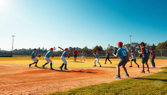 A vibrant, dynamic scene showcasing youth baseball players engaged in position-specific drills on a sunlit practice field. In the foreground, a group of young players in modest athletic attire focuses on infield drills, demonstrating their fielding techniques. The middle ground features a coach providing instruction, with youth players positioned for catching and pitching practice, showcasing their concentration and teamwork. The background includes a well-maintained baseball diamond under clear blue skies, with distant trees providing a natural border. Soft sunlight casts warm shadows, creating an energetic and inspiring atmosphere, ideal for a youth training environment. The image should have a slightly angled perspective, capturing the action and excitement of the drills in a crisp, clear manner. A vibrant, dynamic scene showcasing youth baseball players engaged in position-specific drills on a sunlit practice field. In the foreground, a group of young players in modest athletic attire focuses on infield drills, demonstrating their fielding techniques. The middle ground features a coach providing instruction, with youth players positioned for catching and pitching practice, showcasing their concentration and teamwork. The background includes a well-maintained baseball diamond under clear blue skies, with distant trees providing a natural border. Soft sunlight casts warm shadows, creating an energetic and inspiring atmosphere, ideal for a youth training environment. The image should have a slightly angled perspective, capturing the action and excitement of the drills in a crisp, clear manner.