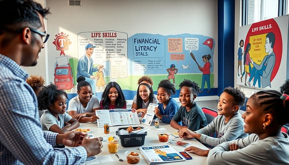 A vibrant scene depicting a diverse group of young athletes engaging in mental skills training and nutrition education at the Texas Rangers Youth Academy. In the foreground, a confident coach, dressed in smart casual attire, facilitates a discussion with the youth, seated around a table filled with healthy snacks and nutrition guides. The middle ground features students interacting with visual aids showcasing mental skills techniques, such as visualization and focus exercises, all while smiling and collaborating. In the background, a colorful mural illustrates financial literacy concepts and life skills in a creative, motivational style. Soft, natural lighting filters through large windows, creating an uplifting and encouraging atmosphere. The composition emphasizes teamwork, learning, and empowerment, inviting viewers into a supportive educational environment. A vibrant scene depicting a diverse group of young athletes engaging in mental skills training and nutrition education at the Texas Rangers Youth Academy. In the foreground, a confident coach, dressed in smart casual attire, facilitates a discussion with the youth, seated around a table filled with healthy snacks and nutrition guides. The middle ground features students interacting with visual aids showcasing mental skills techniques, such as visualization and focus exercises, all while smiling and collaborating. In the background, a colorful mural illustrates financial literacy concepts and life skills in a creative, motivational style. Soft, natural lighting filters through large windows, creating an uplifting and encouraging atmosphere. The composition emphasizes teamwork, learning, and empowerment, inviting viewers into a supportive educational environment.