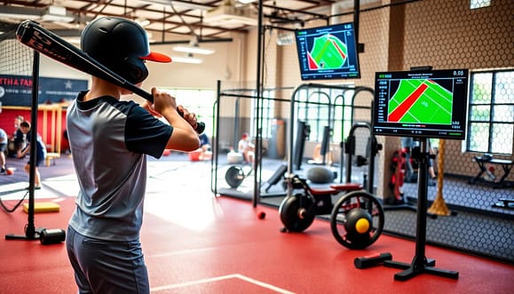 A vibrant youth baseball training environment showcasing biomechanical analysis and hitting development. In the foreground, a young athlete wearing a fitted sports shirt and training shorts stands with a bat, focusing on their swing mechanics. The middle ground features advanced hitting technology, including a bat speed sensor and a monitor displaying data on attack angles and timing. In the background, a lively training facility with gym equipment and baseball training aids is visible, bathed in natural light from large windows. The atmosphere is energetic and focused, emphasizing the meticulousness of athletic development. The scene captures a perfect blend of technology and sport, highlighting the curriculum in motion while maintaining a professional and dedicated vibe. A vibrant youth baseball training environment showcasing biomechanical analysis and hitting development. In the foreground, a young athlete wearing a fitted sports shirt and training shorts stands with a bat, focusing on their swing mechanics. The middle ground features advanced hitting technology, including a bat speed sensor and a monitor displaying data on attack angles and timing. In the background, a lively training facility with gym equipment and baseball training aids is visible, bathed in natural light from large windows. The atmosphere is energetic and focused, emphasizing the meticulousness of athletic development. The scene captures a perfect blend of technology and sport, highlighting the curriculum in motion while maintaining a professional and dedicated vibe.