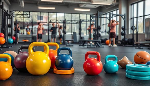 A well-organized strength training lab designed for youth baseball athletes, showcasing age-appropriate training equipment. In the foreground, focus on a variety of brightly colored kettlebells, medicine balls, and weight plates, placed prominently on a polished rubber floor. In the middle background, capture several training stations featuring adjustable benches, squat racks, and pull-up bars, all designed for young athletes, with appropriate sizing and safety features. The background features large windows allowing natural light to flood in, enhancing a vibrant and motivating atmosphere. The lighting is bright and even, casting soft shadows. The mood is energetic and focused, encouraging youth training and development. Ensure any human figures present are depicted in modest athletic wear, engaged in different strength exercises, emphasizing teamwork and progress. A well-organized strength training lab designed for youth baseball athletes, showcasing age-appropriate training equipment. In the foreground, focus on a variety of brightly colored kettlebells, medicine balls, and weight plates, placed prominently on a polished rubber floor. In the middle background, capture several training stations featuring adjustable benches, squat racks, and pull-up bars, all designed for young athletes, with appropriate sizing and safety features. The background features large windows allowing natural light to flood in, enhancing a vibrant and motivating atmosphere. The lighting is bright and even, casting soft shadows. The mood is energetic and focused, encouraging youth training and development. Ensure any human figures present are depicted in modest athletic wear, engaged in different strength exercises, emphasizing teamwork and progress.