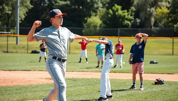 A youth pitching camp scene focusing on changeup mechanics instruction. In the foreground, a teenage pitcher in a modest sports uniform is mid-delivery, showcasing his gripping technique with a changeup. The pitching coach, dressed in a professional coaching polo, stands alongside him, pointing towards his hand to illustrate the grip. In the middle ground, another group of young athletes practices throwing, with baseballs and equipment scattered around the grass. The background features a well-maintained baseball diamond under bright, afternoon sunlight, creating a vibrant and energized atmosphere. The image captures a sense of learning and development, highlighting teamwork and the focus on skill enhancement, with a shallow depth of field to emphasize the main subjects. A youth pitching camp scene focusing on changeup mechanics instruction. In the foreground, a teenage pitcher in a modest sports uniform is mid-delivery, showcasing his gripping technique with a changeup. The pitching coach, dressed in a professional coaching polo, stands alongside him, pointing towards his hand to illustrate the grip. In the middle ground, another group of young athletes practices throwing, with baseballs and equipment scattered around the grass. The background features a well-maintained baseball diamond under bright, afternoon sunlight, creating a vibrant and energized atmosphere. The image captures a sense of learning and development, highlighting teamwork and the focus on skill enhancement, with a shallow depth of field to emphasize the main subjects.