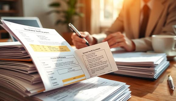 A close-up view of a neatly organized stack of income verification documents, including forms like tax returns, pay stubs, and school lunch eligibility letters. The foreground features a hand holding a highlighted section of a document, showcasing crucial income figures and eligibility criteria. In the middle ground, a professionally dressed individual, wearing modest business attire, is focused on reviewing these documents with a pen in hand, ready to make notes. The background is softly blurred to hint at a desk environment, adorned with a laptop and a coffee cup, creating a focused and dedicated atmosphere. Warm, natural lighting streams in from a nearby window, casting gentle shadows and giving the scene a welcoming and professional feel, ideal for discussions about grant eligibility. A close-up view of a neatly organized stack of income verification documents, including forms like tax returns, pay stubs, and school lunch eligibility letters. The foreground features a hand holding a highlighted section of a document, showcasing crucial income figures and eligibility criteria. In the middle ground, a professionally dressed individual, wearing modest business attire, is focused on reviewing these documents with a pen in hand, ready to make notes. The background is softly blurred to hint at a desk environment, adorned with a laptop and a coffee cup, creating a focused and dedicated atmosphere. Warm, natural lighting streams in from a nearby window, casting gentle shadows and giving the scene a welcoming and professional feel, ideal for discussions about grant eligibility.