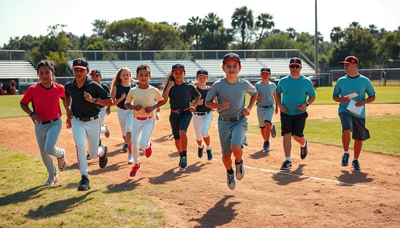 A dynamic baseball warm-up scene at a Texas youth baseball field under bright afternoon sunlight. In the foreground, a diverse group of young athletes in modest athletic clothing perform various RAMP protocol exercises, including jogging, dynamic stretches, and agility drills. Each player shows focused expressions, embodying energy and determination as they prepare for practice. In the middle ground, coaches observe and instruct, holding clipboards and offering encouragement. The soft grass and dirt of the baseball diamond create a vibrant contrast, while the backdrop features bleachers and distant trees, suggesting a welcoming community atmosphere. The image should convey excitement and professionalism, emphasizing teamwork and preparation for the game ahead. Bright colors and natural lighting enhance the action and energy of the scene. A dynamic baseball warm-up scene at a Texas youth baseball field under bright afternoon sunlight. In the foreground, a diverse group of young athletes in modest athletic clothing perform various RAMP protocol exercises, including jogging, dynamic stretches, and agility drills. Each player shows focused expressions, embodying energy and determination as they prepare for practice. In the middle ground, coaches observe and instruct, holding clipboards and offering encouragement. The soft grass and dirt of the baseball diamond create a vibrant contrast, while the backdrop features bleachers and distant trees, suggesting a welcoming community atmosphere. The image should convey excitement and professionalism, emphasizing teamwork and preparation for the game ahead. Bright colors and natural lighting enhance the action and energy of the scene.