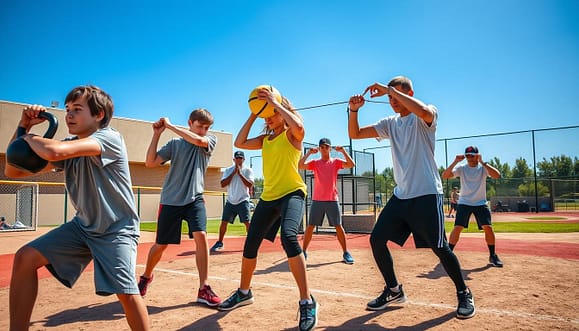 A dynamic scene featuring a group of young athletes engaged in strength training for baseball. In the foreground, a diverse group of teenagers is performing various exercises: a boy demonstrates a hinge movement with a kettlebell, while a girl completes a squat with proper form. In the middle ground, a pair of athletes are engaged in pushing and pulling exercises, using resistance bands and medicine balls, illustrating strength and coordination. The background highlights a sunny outdoor training facility with baseball fields and equipment, under a clear blue sky. The lighting is bright and natural, emphasizing the intensity of the workout. Capturing the energy and focus of youth training, the mood is motivating and empowering, showcasing dedication to strength, speed, and durability. A dynamic scene featuring a group of young athletes engaged in strength training for baseball. In the foreground, a diverse group of teenagers is performing various exercises: a boy demonstrates a hinge movement with a kettlebell, while a girl completes a squat with proper form. In the middle ground, a pair of athletes are engaged in pushing and pulling exercises, using resistance bands and medicine balls, illustrating strength and coordination. The background highlights a sunny outdoor training facility with baseball fields and equipment, under a clear blue sky. The lighting is bright and natural, emphasizing the intensity of the workout. Capturing the energy and focus of youth training, the mood is motivating and empowering, showcasing dedication to strength, speed, and durability.