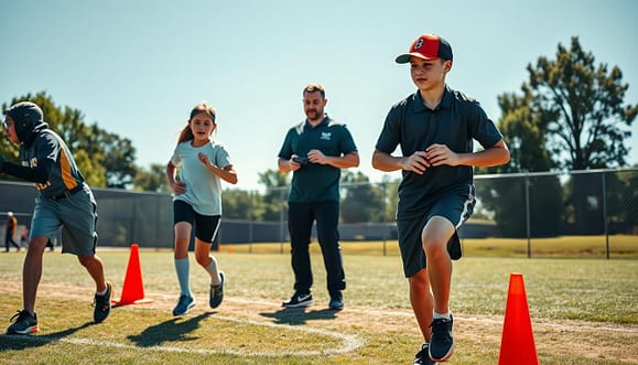 A focused youth baseball training session in a bright, sunlit outdoor field during the peak of summer. In the foreground, two dedicated young athletes aged 12-14, wearing modest athletic gear, are engaged in a fifteen-minute dynamic warm-up exercise involving agility drills. Surrounding them, training cones and resistance bands enhance the scene. In the middle ground, a coach, dressed in a team polo and cap, attentively observes and provides instructions, a stopwatch in hand, maintaining a supportive atmosphere. The background features a baseball diamond with well-maintained grass, under a clear blue sky, showcasing the essence of the sport. The image captures a motivational and energetic mood, emphasizing the importance of micro-dose training sessions for strength, speed, and durability. Bright daylight casts soft shadows, highlighting their focus and determination. A focused youth baseball training session in a bright, sunlit outdoor field during the peak of summer. In the foreground, two dedicated young athletes aged 12-14, wearing modest athletic gear, are engaged in a fifteen-minute dynamic warm-up exercise involving agility drills. Surrounding them, training cones and resistance bands enhance the scene. In the middle ground, a coach, dressed in a team polo and cap, attentively observes and provides instructions, a stopwatch in hand, maintaining a supportive atmosphere. The background features a baseball diamond with well-maintained grass, under a clear blue sky, showcasing the essence of the sport. The image captures a motivational and energetic mood, emphasizing the importance of micro-dose training sessions for strength, speed, and durability. Bright daylight casts soft shadows, highlighting their focus and determination.