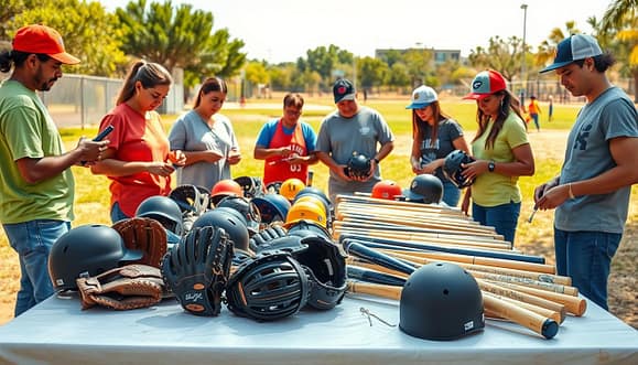 A vibrant scene depicting a community baseball equipment drive, featuring several used gloves, bats, and helmets being collected and refurbished. In the foreground, a group of diverse volunteers in modest casual clothing are carefully inspecting and cleaning the equipment, showcasing the spirit of community involvement. In the middle ground, a table is setup with neatly organized baseball gear—gloves being mended and bats being polished. The background shows a sunny Texas park, complete with baseball fields and children playing in the distance, creating a warm, inviting atmosphere. The lighting is bright and cheerful, emphasizing a sense of hope and support in youth sports. The image captures the essence of teamwork and community dedication, with a focus on the importance of accessible equipment for aspiring young athletes. A vibrant scene depicting a community baseball equipment drive, featuring several used gloves, bats, and helmets being collected and refurbished. In the foreground, a group of diverse volunteers in modest casual clothing are carefully inspecting and cleaning the equipment, showcasing the spirit of community involvement. In the middle ground, a table is setup with neatly organized baseball gear—gloves being mended and bats being polished. The background shows a sunny Texas park, complete with baseball fields and children playing in the distance, creating a warm, inviting atmosphere. The lighting is bright and cheerful, emphasizing a sense of hope and support in youth sports. The image captures the essence of teamwork and community dedication, with a focus on the importance of accessible equipment for aspiring young athletes.