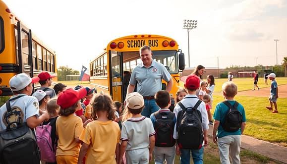 A vibrant scene showcasing transportation solutions for youth baseball programs in Texas. In the foreground, a diverse group of children in baseball gear excitedly gathers around a colorful school bus, with backpacks and baseball gloves. In the middle, a friendly adult volunteer wearing a polo shirt assists children as they board, emphasizing safety and teamwork. Nearby, a carpool setup features parents conversing while their kids play catch nearby. The background features a sunny Texas sky with light clouds and a baseball diamond, creating a sense of community. The overall mood is uplifting and collaborative, highlighting the importance of safe transportation for youth baseball. The lighting is warm and inviting, mimicking an afternoon game, captured with a slightly wide-angle perspective. A vibrant scene showcasing transportation solutions for youth baseball programs in Texas. In the foreground, a diverse group of children in baseball gear excitedly gathers around a colorful school bus, with backpacks and baseball gloves. In the middle, a friendly adult volunteer wearing a polo shirt assists children as they board, emphasizing safety and teamwork. Nearby, a carpool setup features parents conversing while their kids play catch nearby. The background features a sunny Texas sky with light clouds and a baseball diamond, creating a sense of community. The overall mood is uplifting and collaborative, highlighting the importance of safe transportation for youth baseball. The lighting is warm and inviting, mimicking an afternoon game, captured with a slightly wide-angle perspective.