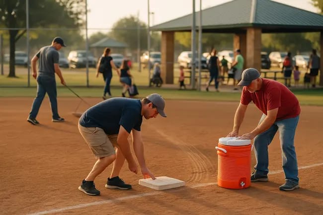 Volunteers prepare a youth baseball field before a weekend tournament
