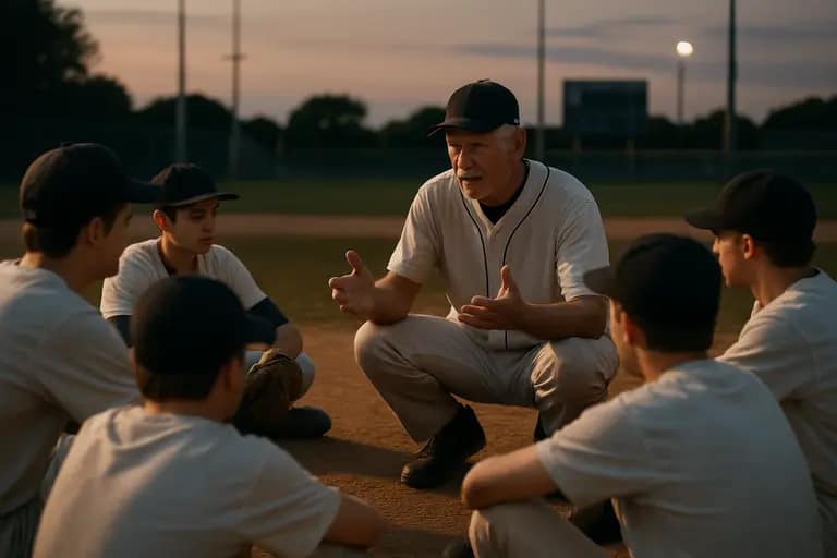 Parent and coach speaking with a youth pitcher after practice on a sunny field