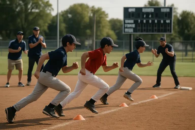 High school baseball team listening to a coach near the dugout