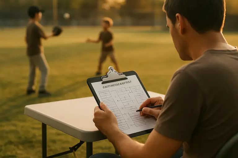 Coach reviews a lineup card with players beside a Texas baseball field