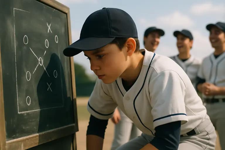 Youth baseball players reviewing a simple lineup card in the dugout