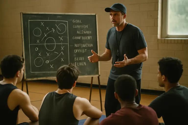 Coach reviewing a travel checklist with a youth player and parent beside a field