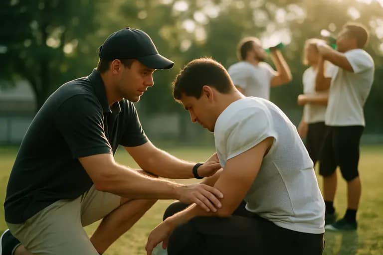 Coach speaks calmly with parents and players along a youth baseball fence