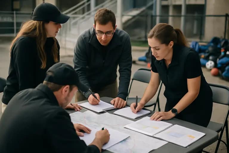 Tournament staff reviewing schedules near youth baseball fields