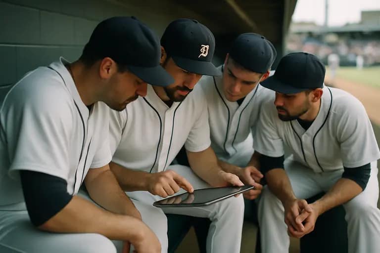 Youth baseball team meeting with a coach between tournament games