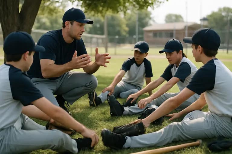 A coach checks a pitching chart while a young player rests near the dugout