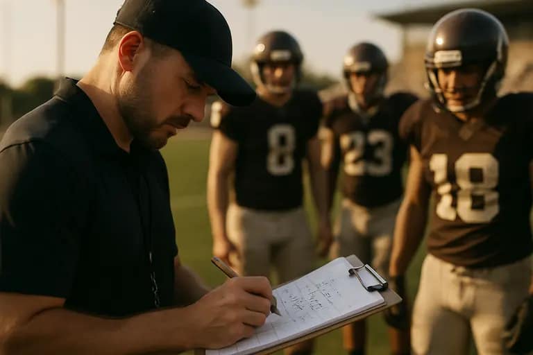 Youth baseball coach checking equipment and lineup notes before a game
