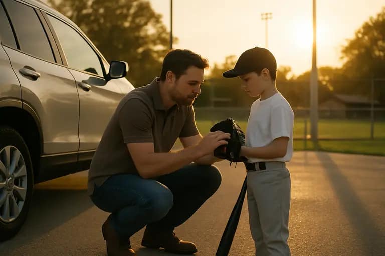 A coach setting up batting practice equipment for young players