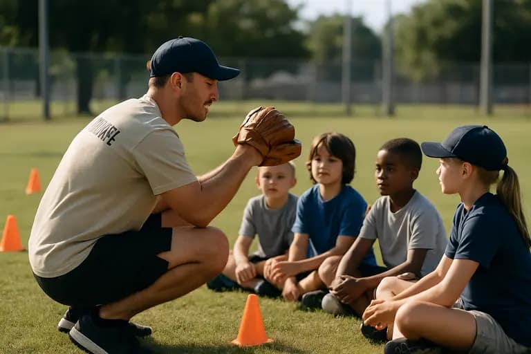 A youth baseball coach talks with players during practice on a Texas field