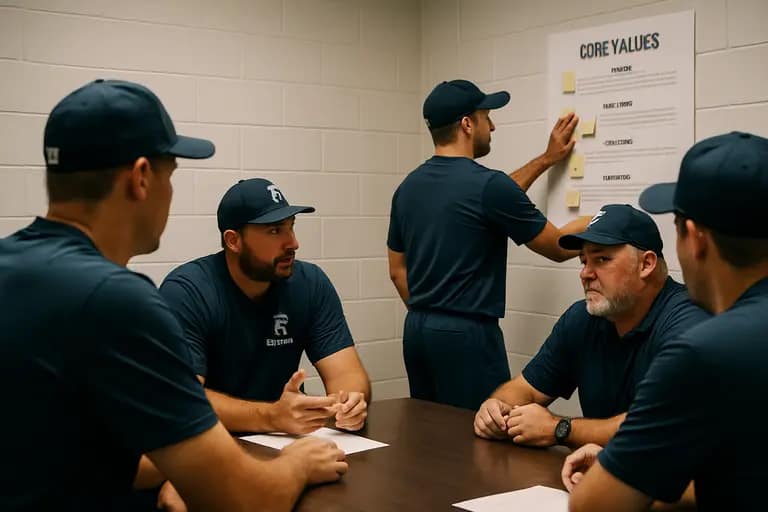 Baseball coaches reviewing practice notes beside a dugout fence