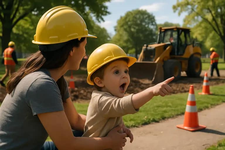 Baseball families walking toward fields near a temporary construction route