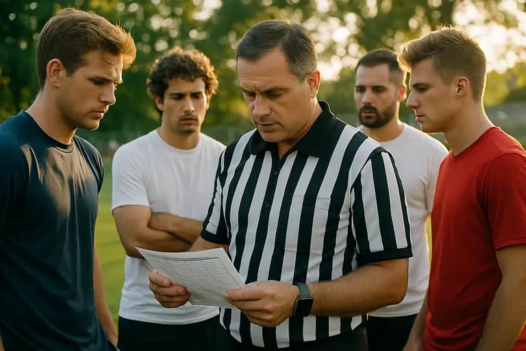 Coach checking rule notes and lineup cards before a youth baseball game