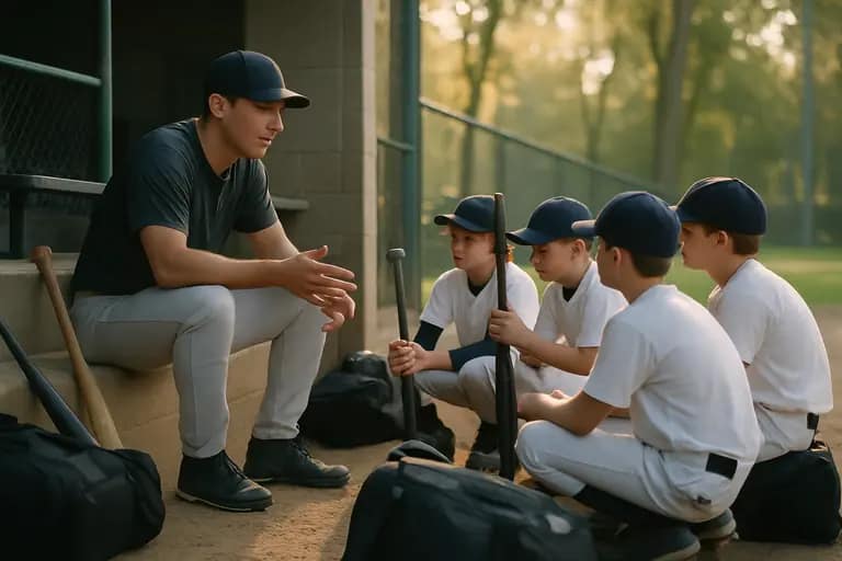 Coach speaking with a young baseball player during batting practice