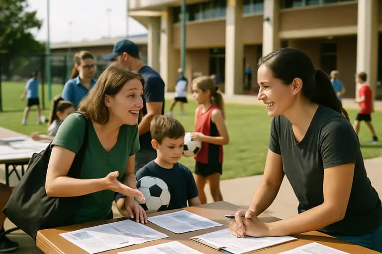 Parent checking a clinic schedule beside a youth baseball field