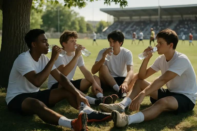 Players resting in shade with water bottles between baseball tournament games